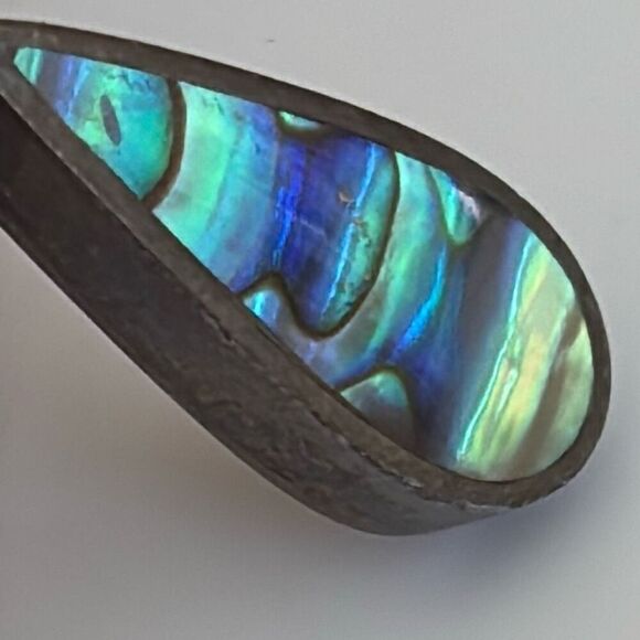 Vintage sajen silver & abalone rainbow dangle drop earrings - Picture 10 of 10